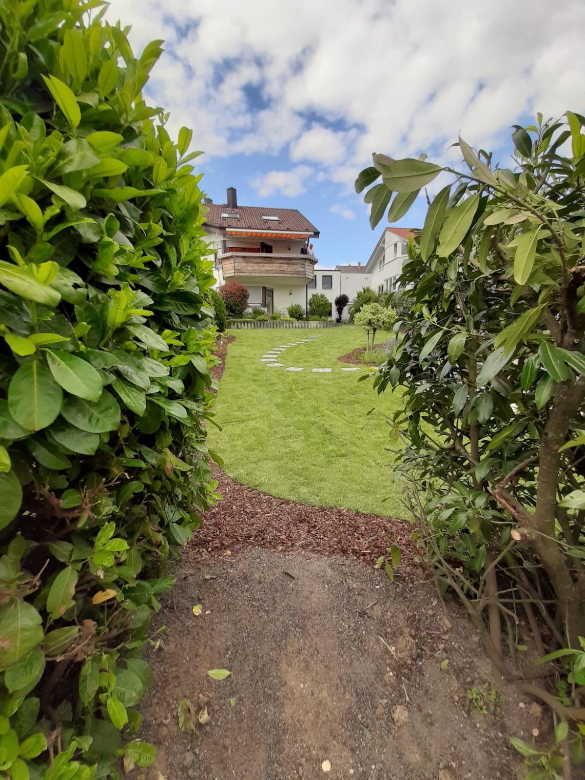Blick durch die Bepflanzung auf die fertig angelegte Gartenanlage in Aichtal.